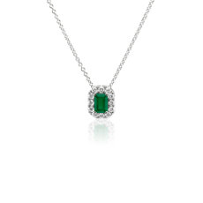 Emerald Cut Emerald and Diamond Halo Pendant in 14k White Gold