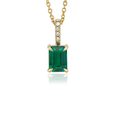 Emerald-Cut Emerald and Diamond Pendant in 18k Yellow Gold (7x5mm) | Blue Nile CA