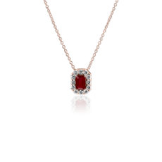 Emerald Cut Ruby and Diamond Halo Pendant in 14k Rose Gold (6x4mm)