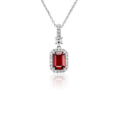 Emerald Cut Ruby and Diamond Drop Pendant in 18K White Gold (1.48 ct.tw.)