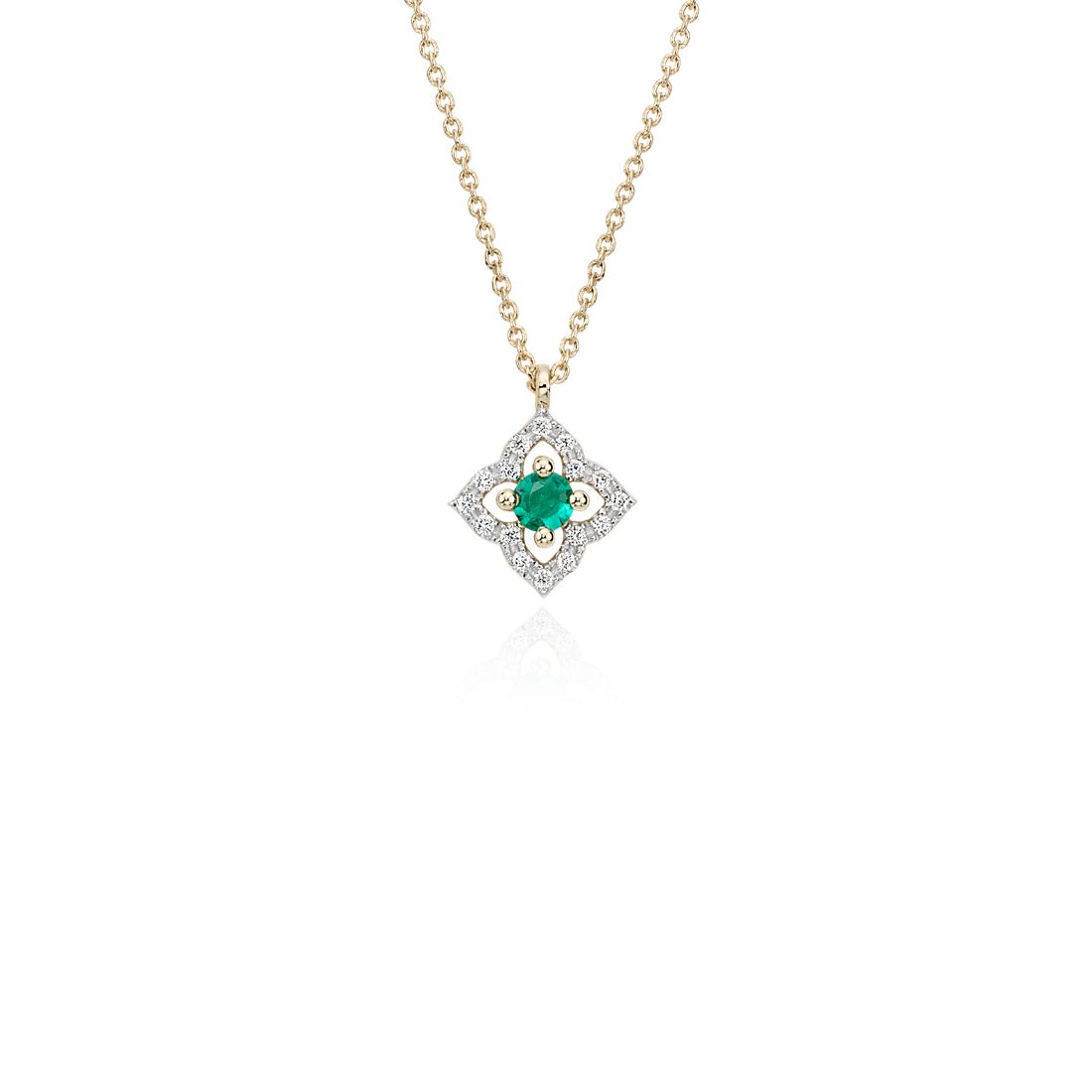 Petite Emerald Floral Pendant Necklace in 14k Yellow Gold (2.8mm)