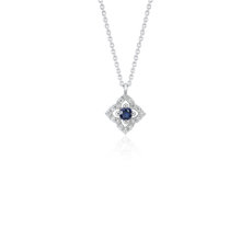 14k 白金小巧的蓝宝石和钻石花卉吊坠（2.8 毫米）