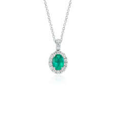 Oval Emerald and Pavé Diamond Pendant in 18k White Gold (7x5mm)