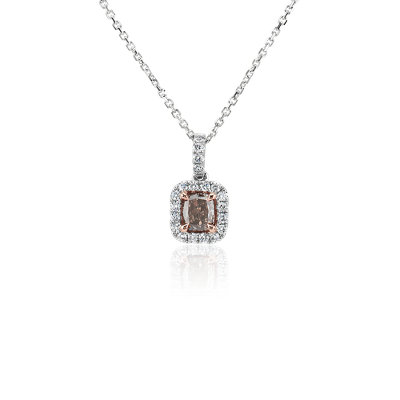 Colgante doble halo con diamantes de color fantasía de talla cojín en oro blanco y rosado de (3/4 qt. total) | Blue Nile