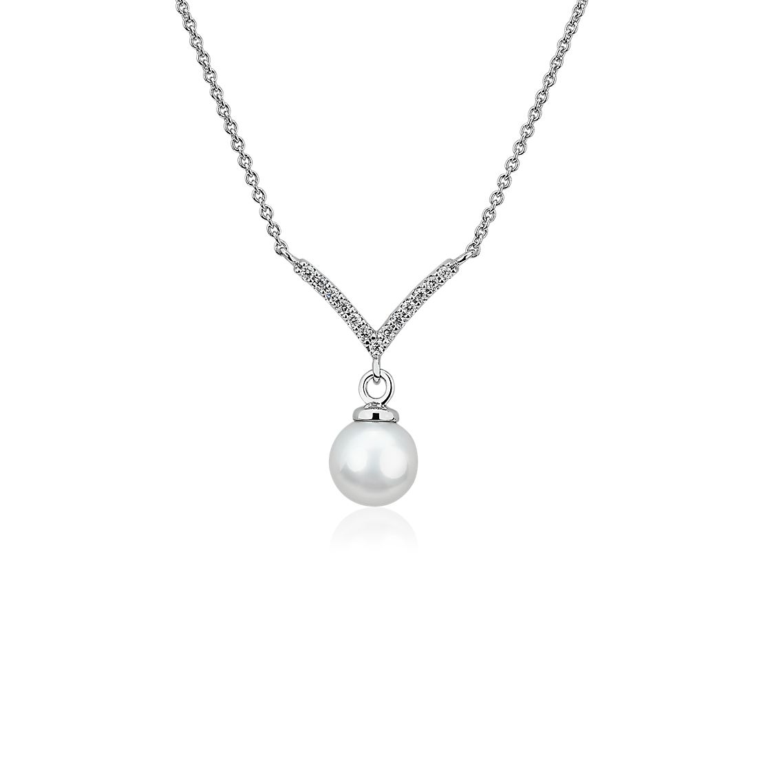 Freshwater Cultured Pearl Chevron Drop Pendant in 14k White Gold (6-7mm)
