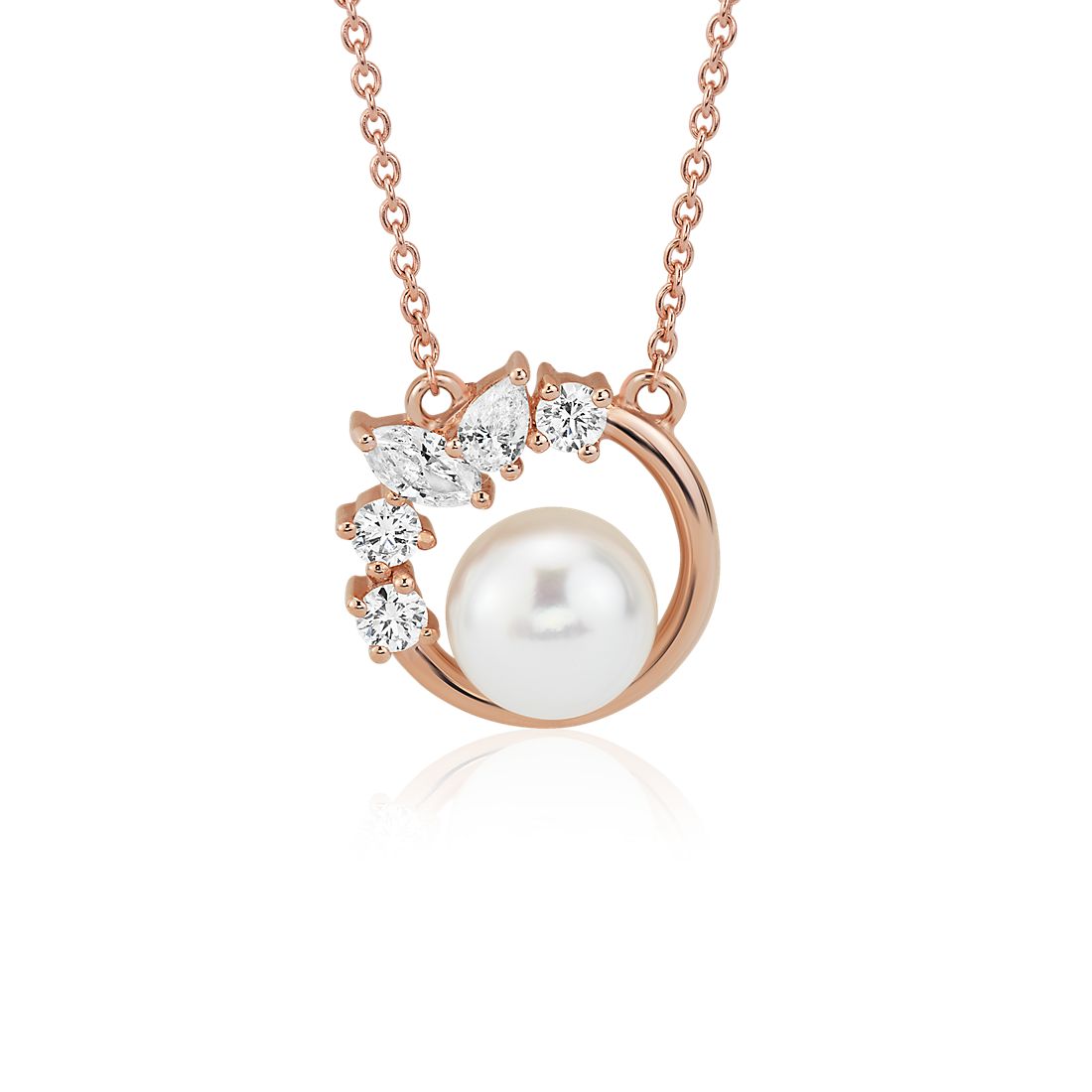 Collar de diamantes de varias formas con perla cultivada de agua dulce en oro rosado de 14 k (6-7 mm)