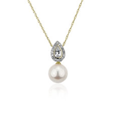Freshwater Pearl and White Sapphire Pendant in 14k Yellow Gold
