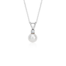 Freshwater Cultured Pearl and Diamond Pendant in 14k White Gold (7.0-7.5mm)
