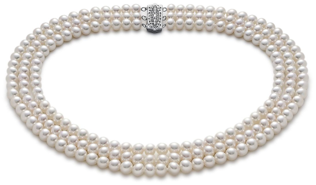 STERLING SILVER TRIPLE STRAND 6-6.5 mm CULTURED FRESH WATER PEARL NECKLACE 