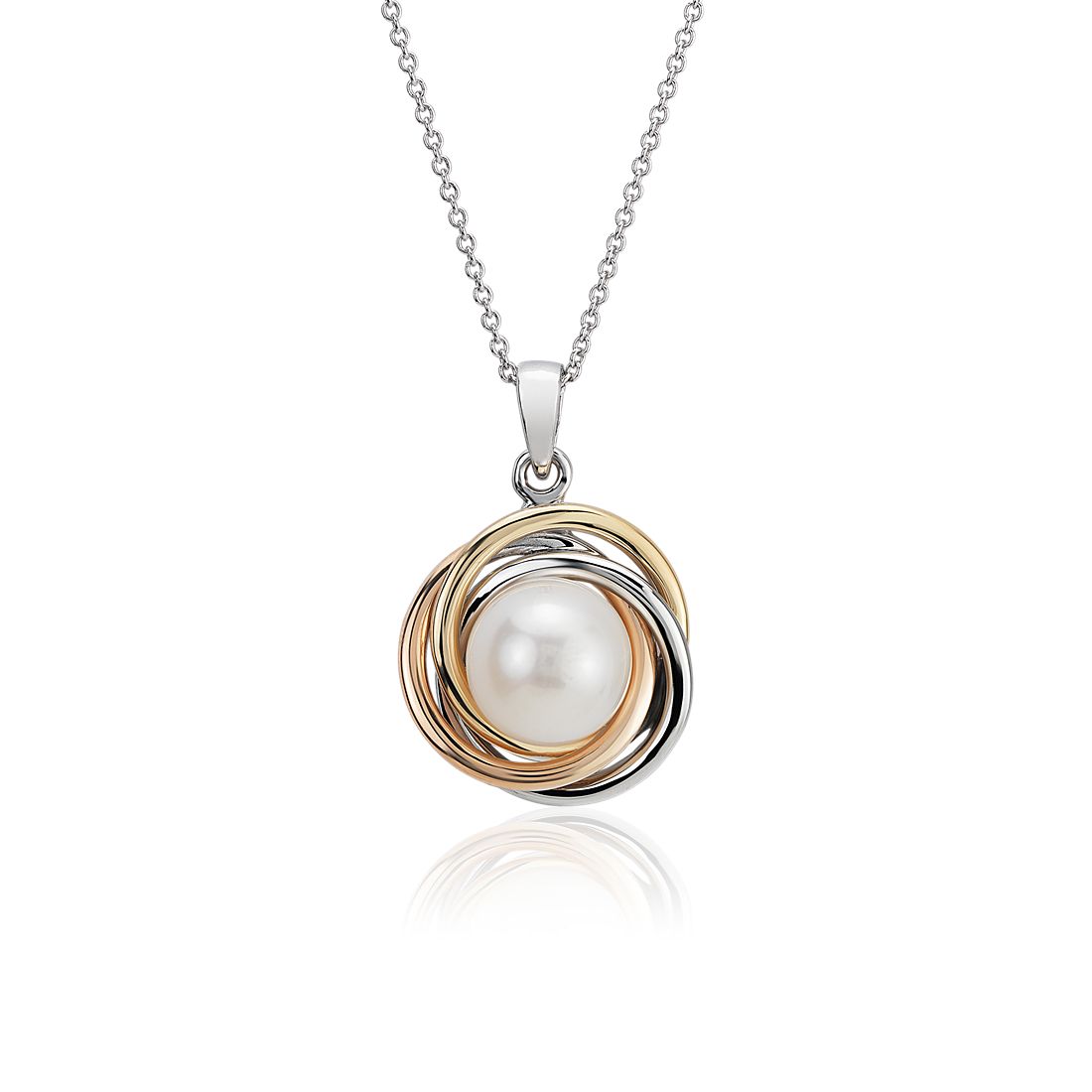 Tri-Color Love Knot Pendant with Freshwater Cultured Pearl in 14k White, Yellow and Rose Gold (7-8mm)