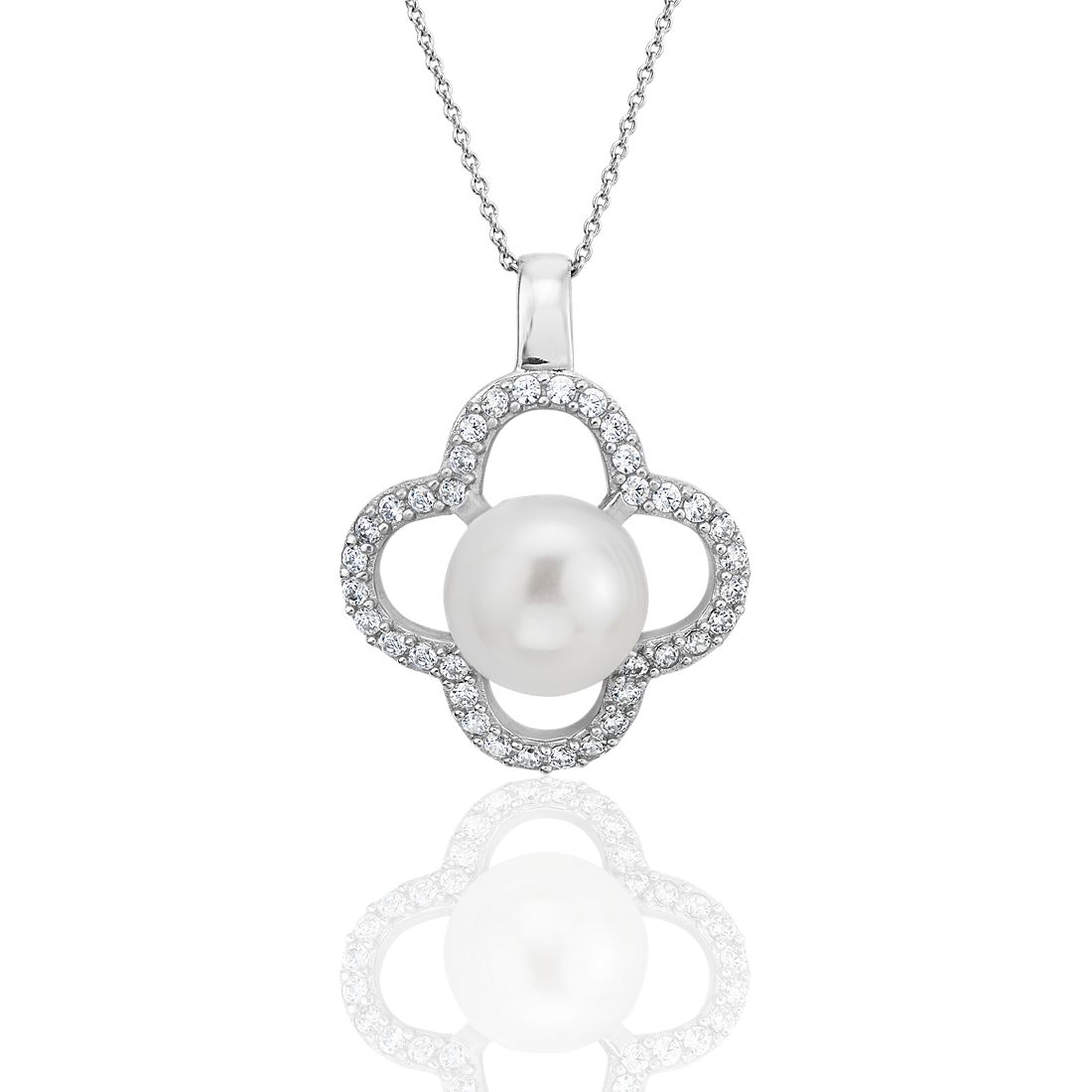 Freshwater Cultured Pearl Pendant with White Topaz Clover Halo in Sterling Silver (10-11mm)