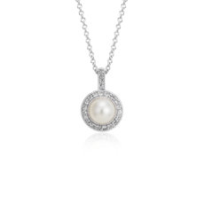 Freshwater Cultured Pearl and White Topaz Halo Pendant in Sterling Silver (6mm)