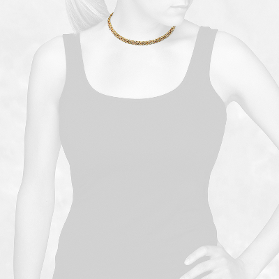 Closeup view of necklace on woman's neck