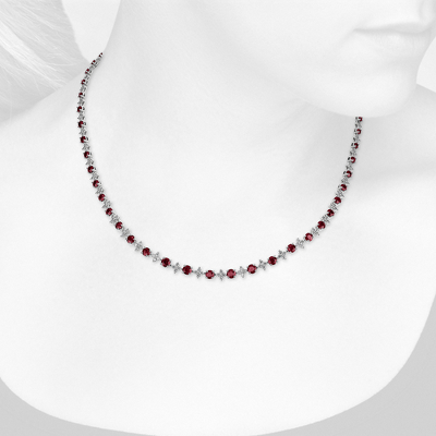 Closeup view of necklace on woman's neck
