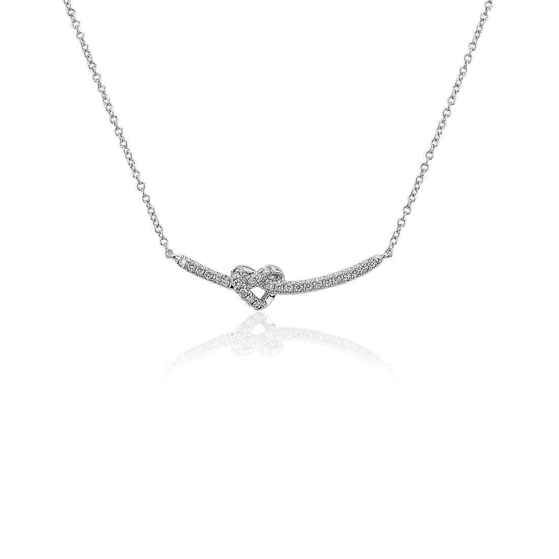 Heart Knot Curved Bar Necklace in 14k White Gold (0.14 ct. tw.)