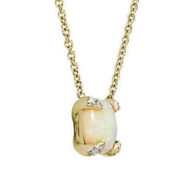 Cushion Cut Opal and Diamond Accent Pendant in 14k Yellow Gold (7mm)