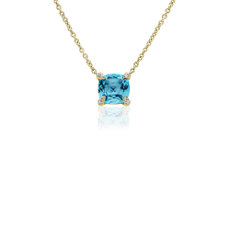 Cushion Cut Swiss Blue Topaz and Diamond Accent Pendant in 14k Yellow Gold (7mm)