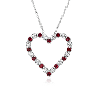 Floating Ruby and Diamond Heart Shaped Pendant in 14k White Gold (2.2mm