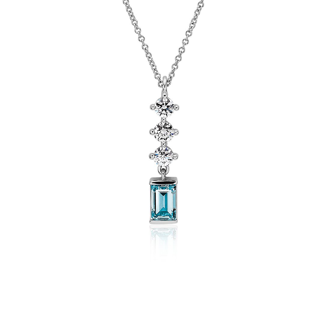 LIGHTBOX Lab-Grown Blue & White Diamond Round & Baguette Drop Bar Pendant Necklace in 14k White Gold (1 ct. tw.)