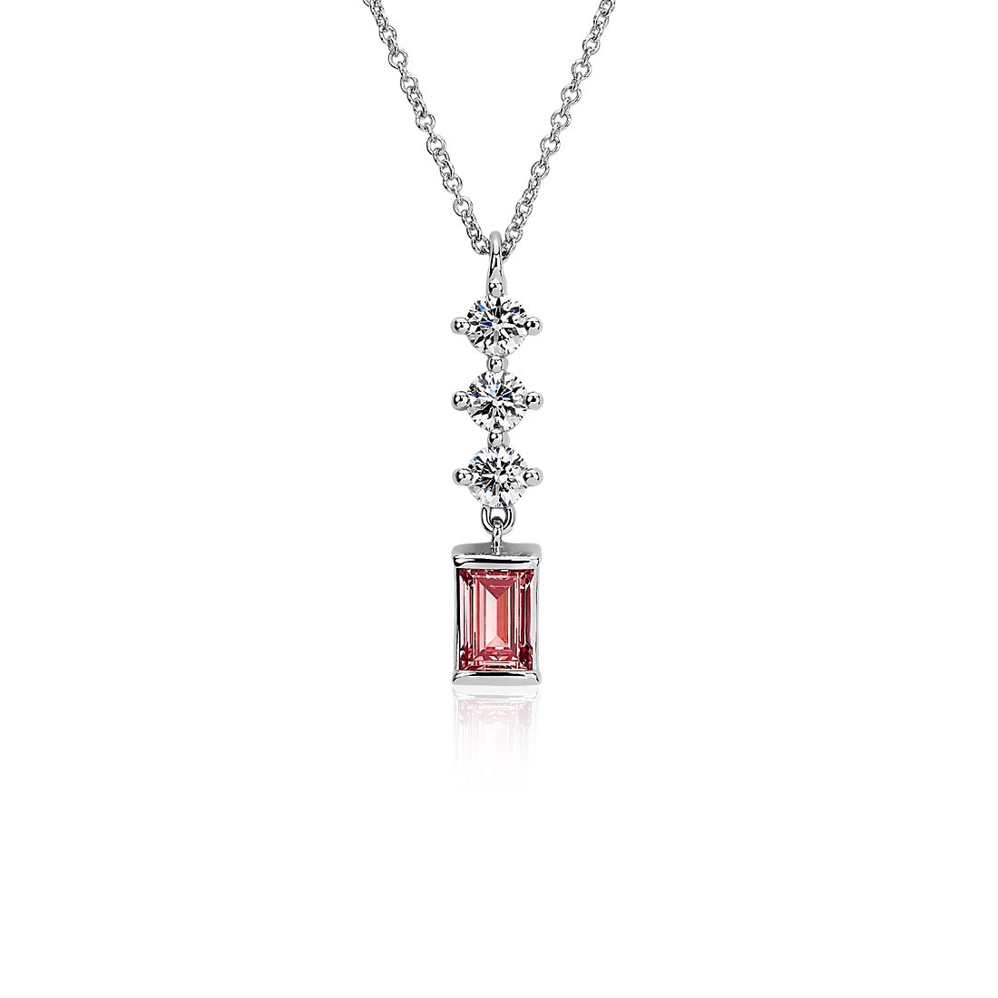 LIGHTBOX Lab-Grown Pink & White Diamond Round & Baguette Drop Bar Pendant Necklace in 14k White Gold (1 ct. tw.)