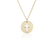 18&quot; Mini Disk Cross Necklace in 14k Yellow Gold (1 mm)