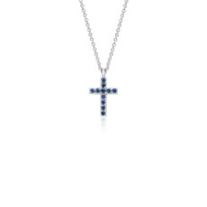 Mini Sapphire Cross Pendant in 14k White Gold (1.25mm)