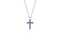 Mini Sapphire Cross Pendant in 14k White Gold