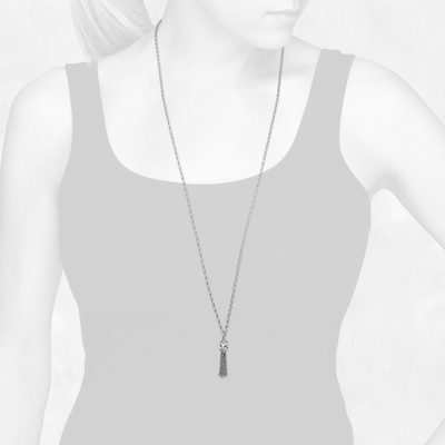 Closeup view of necklace on woman's neck