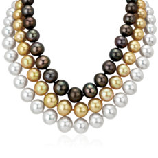 Collier multirang perles de Tahiti et perles des mers du Sud graduées en or blanc 18 carats