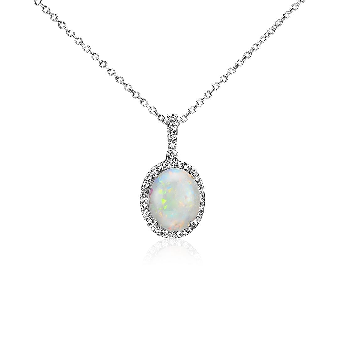 14K White Gold 10 x 8 MM Created Opal & .05 CTW Diamond 18 inch Pendant Necklace