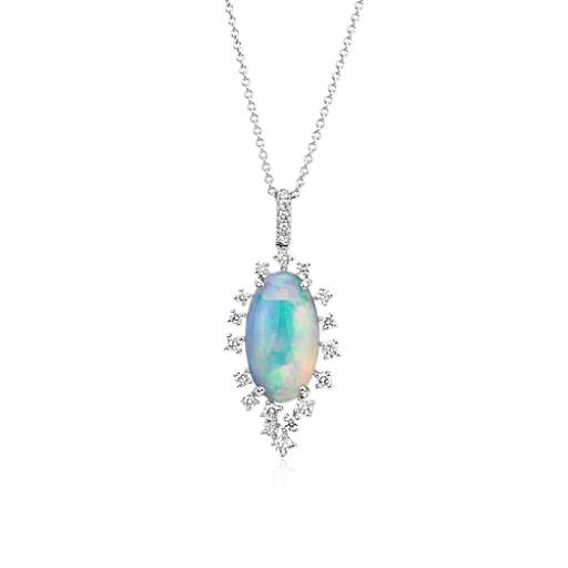 Opal and Diamond Sunburst Drop Pendant in 18k White Gold (10x18mm ...