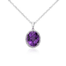 925 纯银紫水晶和白宝石光环椭圆形吊坠（12x10 毫米）