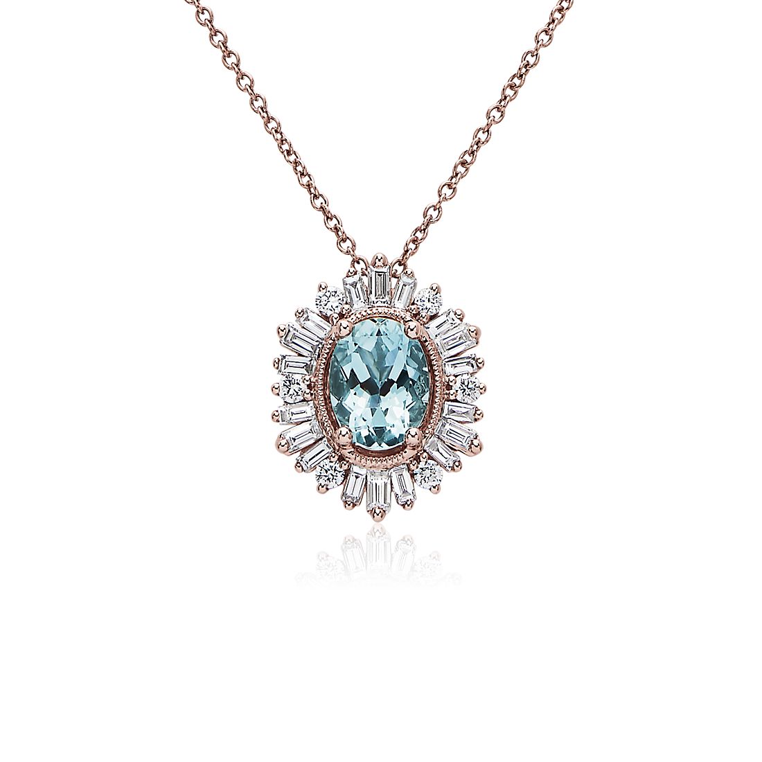 Oval Aquamarine Pendant with Baguette Halo in 14k Rose Gold (6x8mm)