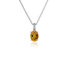 14k 白金椭圆形黄水晶与钻石吊坠（8x6 毫米）