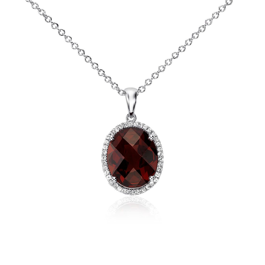 Garnet and White Sapphire Halo Oval Pendant in Sterling Silver (12x10mm)