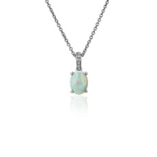 Oval Opal and Diamond Pendant in 14k White Gold (8x6mm)