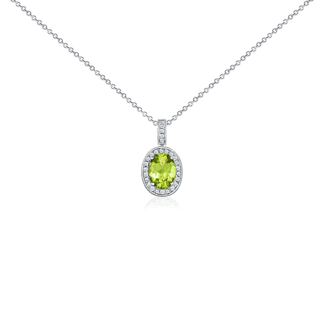 Oval Peridot and Diamond Pendant in 18k White Gold (8x6 mm)
