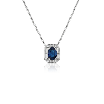 Oval Sapphire and Diamond Baguette Halo Pendant in 14k White Gold ...