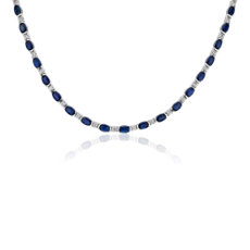 14k 白金椭圆形蓝宝石和圆形钻石永恒项链