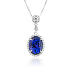 Oval Tanzanite with Diamond Halo Necklace with Diamond By The Yard Chain in 18k White Gold