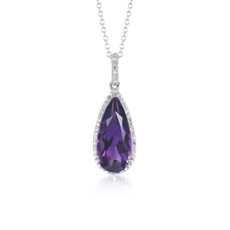 925 纯银梨形紫水晶和白色托帕石光环吊坠（18x8 毫米）