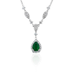 Pear Shape Emerald and Round Diamond Necklace in 14k White Gold (7x5mm)