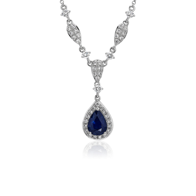 Pear Shape Sapphire and Round Diamond Necklace in 14k White Gold (7x5 ...