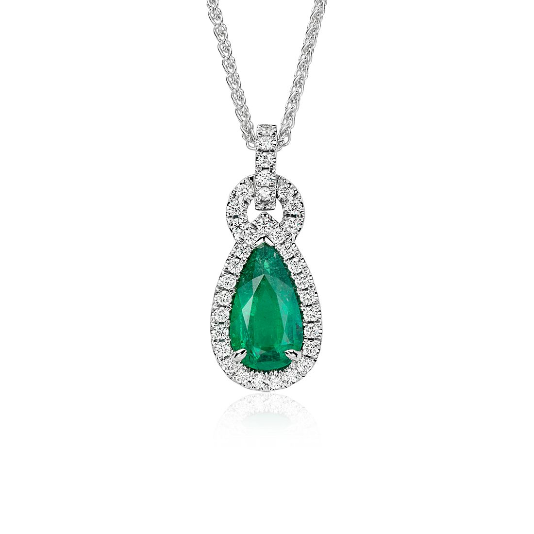 Pear-Shaped Emerald and Pavé Halo Loop Diamond Pendant in 18k White Gold  (2.19 ct. center)