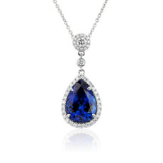  Pear Shaped Tanzanite with Diamond Halo Drop Necklace with Diamond By The Yard Chain in 18k White Gold