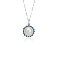 Pendentif de perles de culture d’eau douce et saphir bleu en or blanc 14 carats(8 mm)