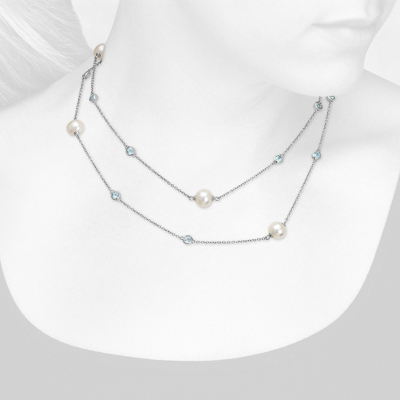 Freshwater Cultured Pearl Necklace with Blue Topaz in Sterling Silver  - 37