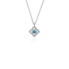 Petite Swiss Blue Topaz and Diamond Floral Pendant in 14k White Gold (2.8mm)