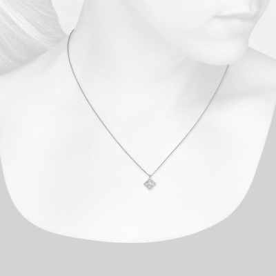 Closeup view of necklace on woman's neck