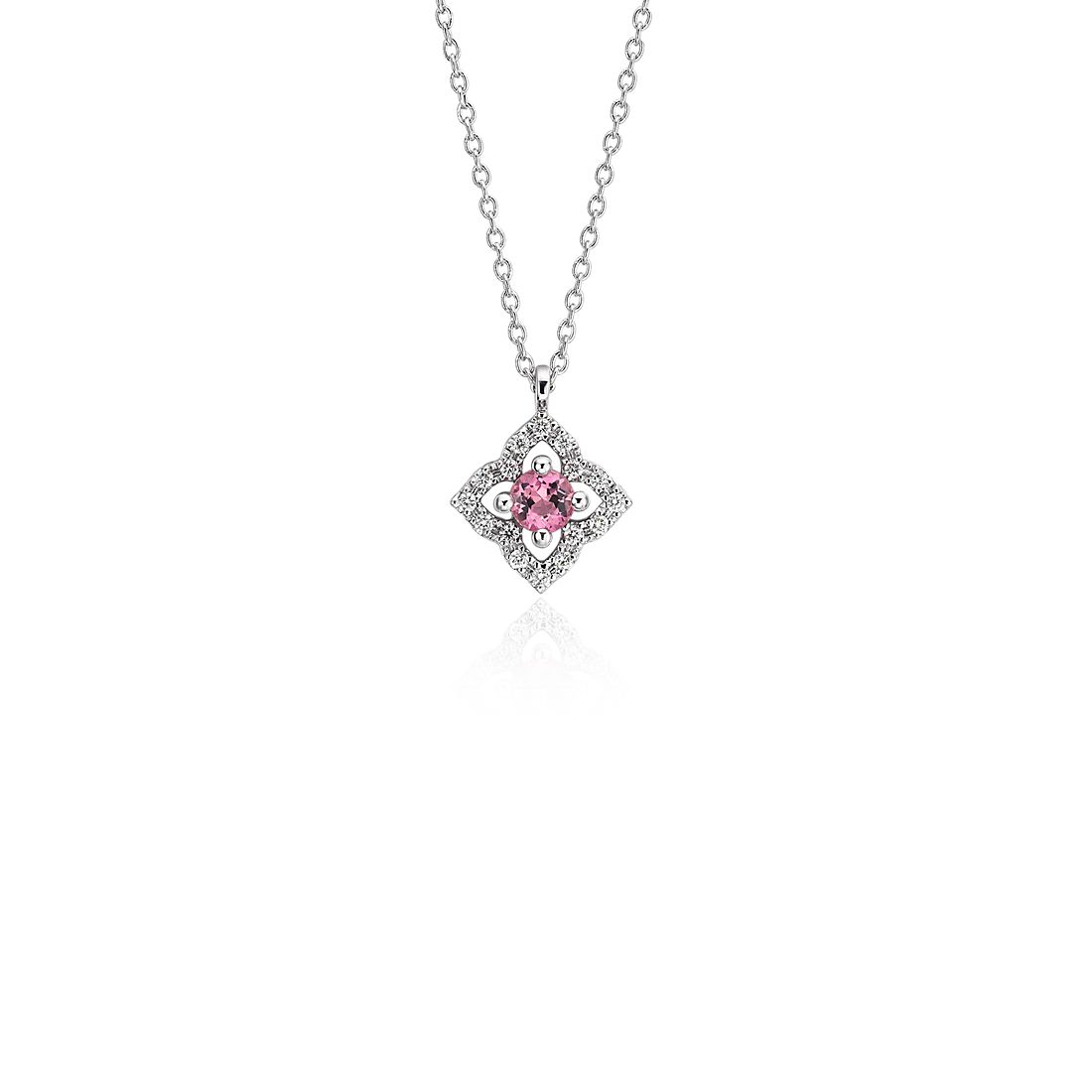 Colgante pequeño de motivo floral con diamantes y turmalina rosada en oro blanco de 14 k (2,8 mm)